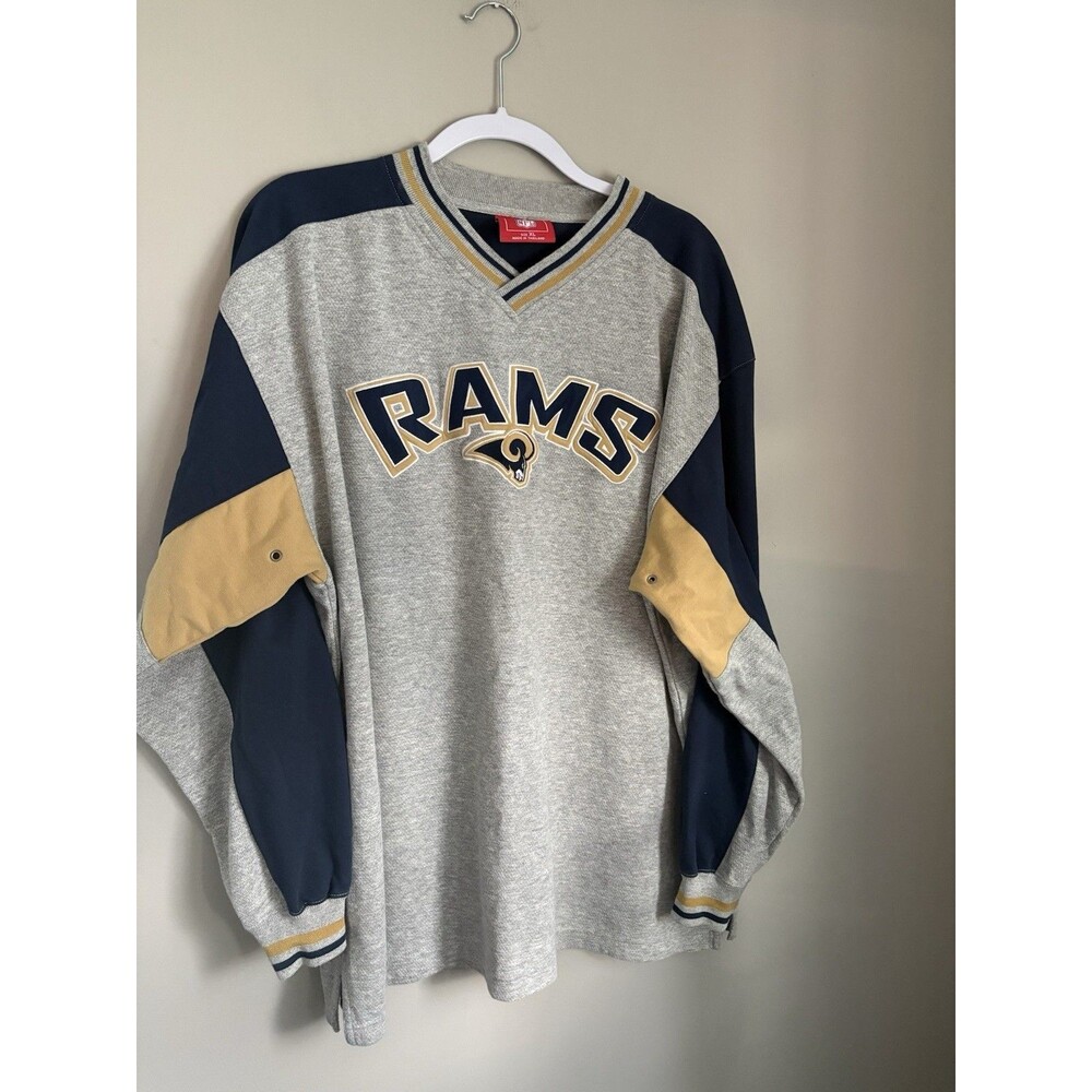 Vintage Rams Pullover Sweatshirt V-Neck Colorblock Spellout Gray Navy Blue XL